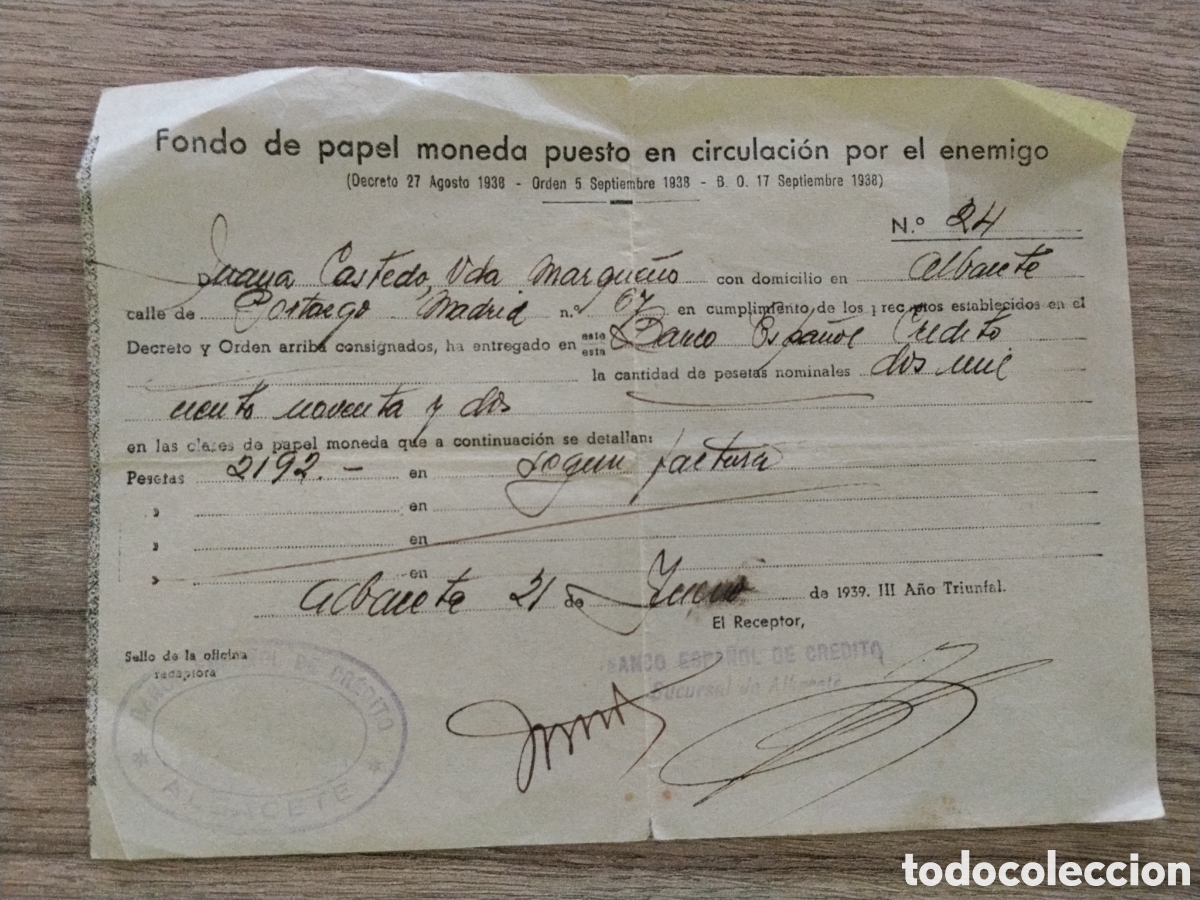 Otros art&iacute;culos de coleccionismo en papel: Documento guerra civil fondo de papel moneda puesto en circulaci&oacute;n por el enemigo.albacete 1939.fala