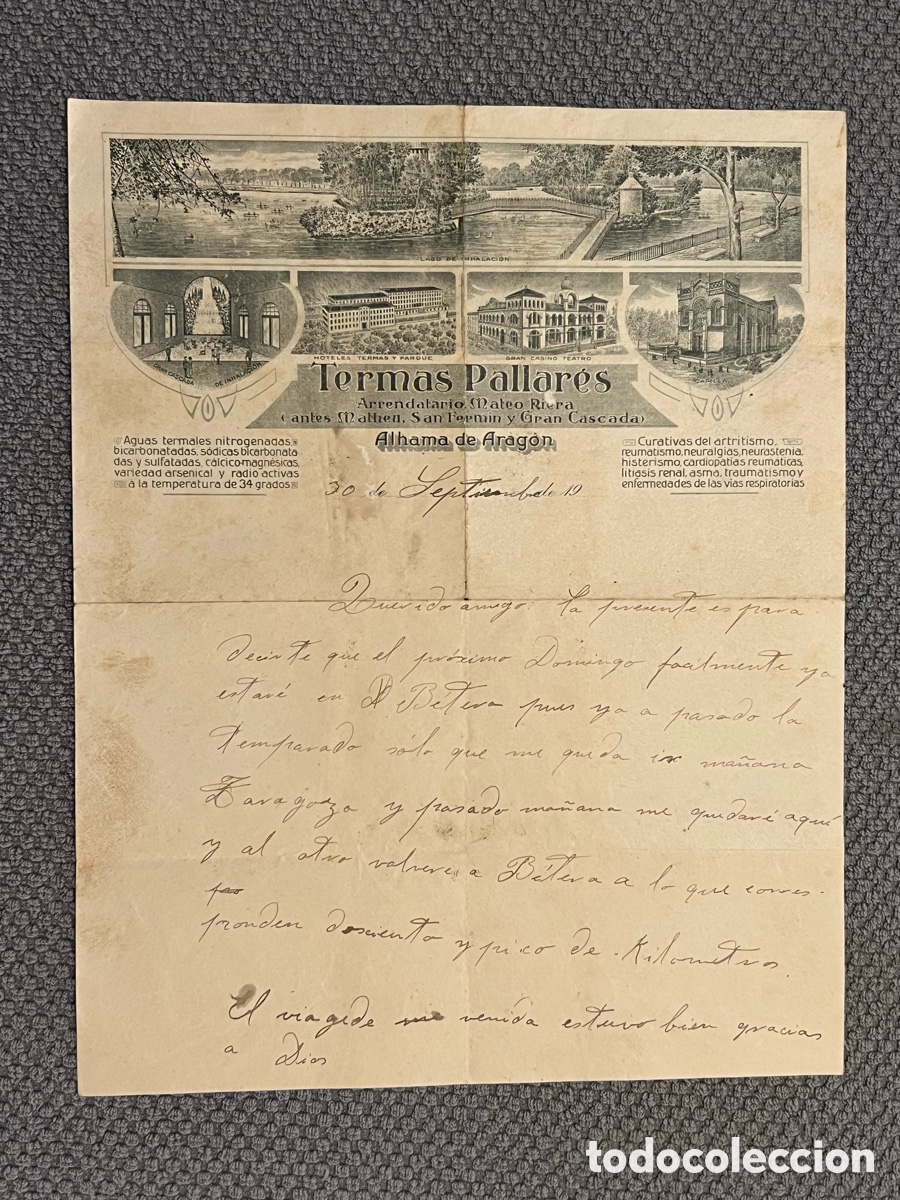 Otros art&iacute;culos de coleccionismo en papel: TERMAS PALLARES. Papel Carta hotel, ilustraci&oacute;n Modernista. ALHAMA DE ARAG&Oacute;N, Zaragoza (h.1900?)