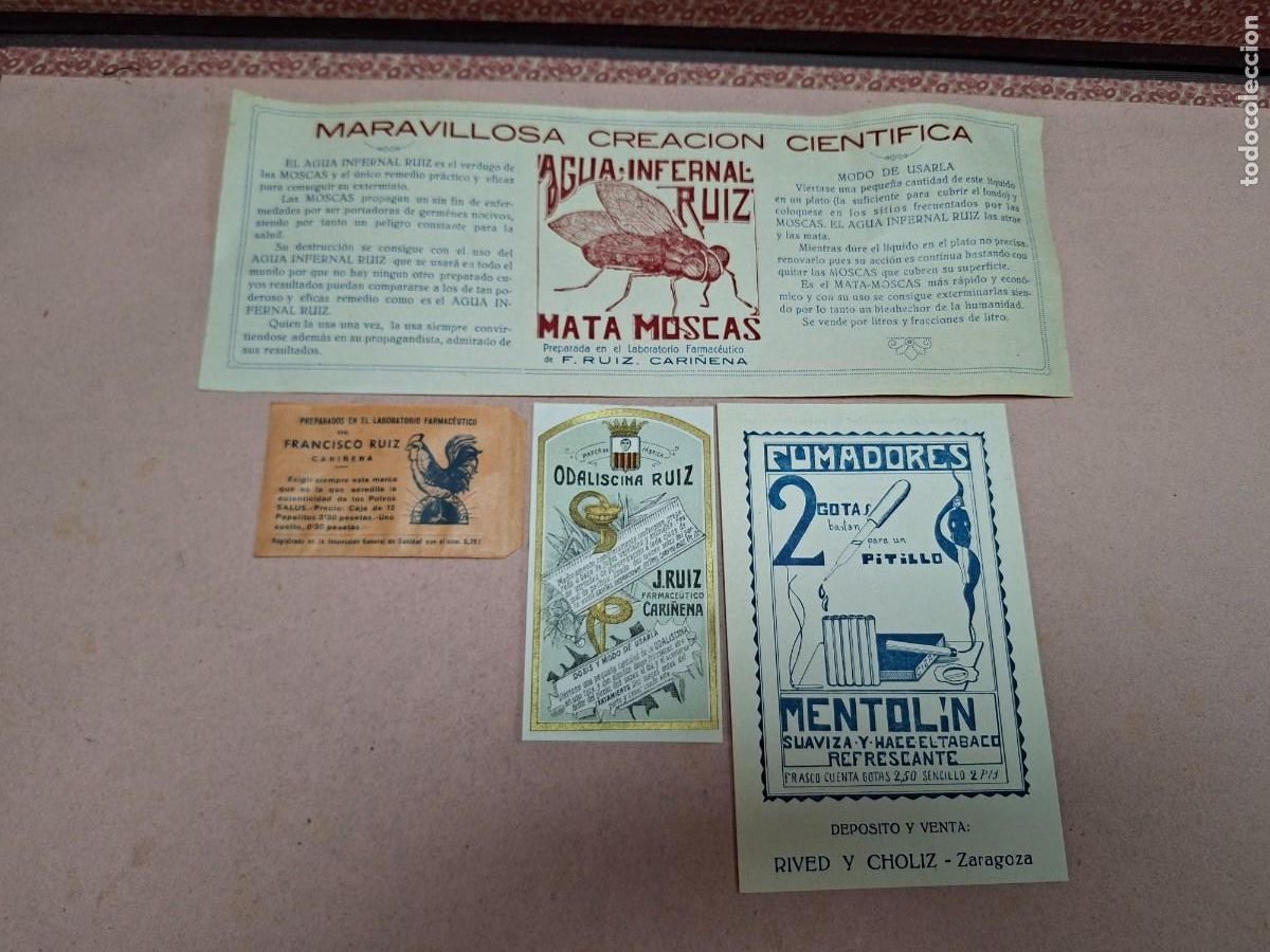 Altri oggetti di carta: ANTIGUA PUBLICIDAD FARMACIA F. RUIZ CARI&Ntilde;ENA ZARAGOZA MATA MOSCAS MENTOLIN FUMADORES