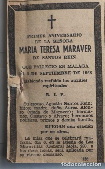 Otros art&iacute;culos de coleccionismo en papel: MARIA TERESA MARAVER DE SANTOS REIN, MALAGA 1968, ESQUELA DE PERIODICO