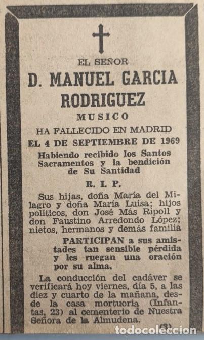 Otros art&iacute;culos de coleccionismo en papel: MANUEL GARCIA RODRIGUEZ, MUSICO, MADRID 1969, ESQUELA DE PERIODICO