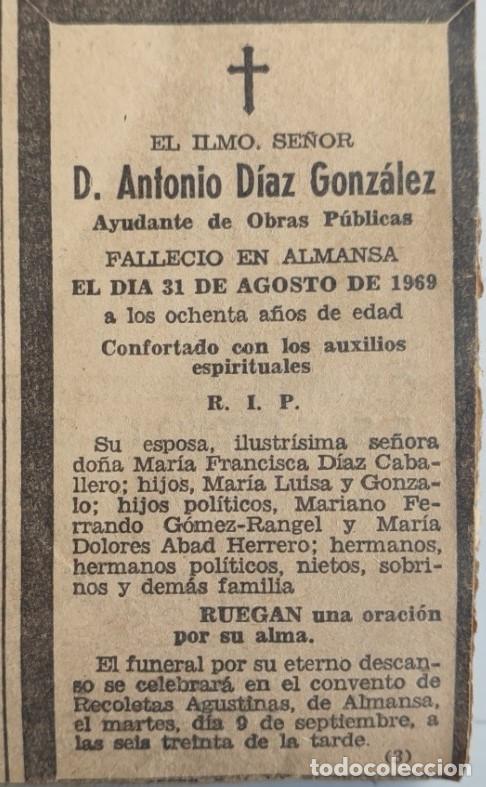 Otros art&iacute;culos de coleccionismo en papel: ILUSTRISIMO, ANTONIO D&Iacute;AZ GONZ&Aacute;LEZ, AYUDANTE DE OBRAS P&Uacute;BLICAS, ALMANSA, 1969, ESQUELA DE PERIODICO