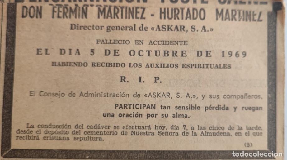Otros art&iacute;culos de coleccionismo en papel: FERMIN MARTINEZ - HURTADO MARTINEZ, DIRECTOR GENERAL DE ASKAR S. A. 1969, ESQUELA DE PERIODICO