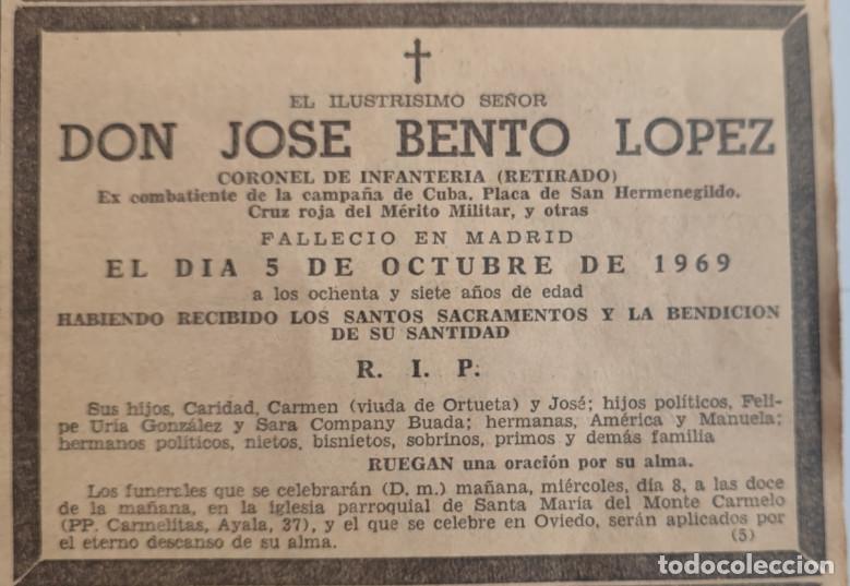 Otros art&iacute;culos de coleccionismo en papel: ILUSTRISIMO, JOSE BENTO LOPEZ, CORONEL DE INFANTERIA, MADRID 1969, ESQUELA DE PERIODICO, 2&ordf;
