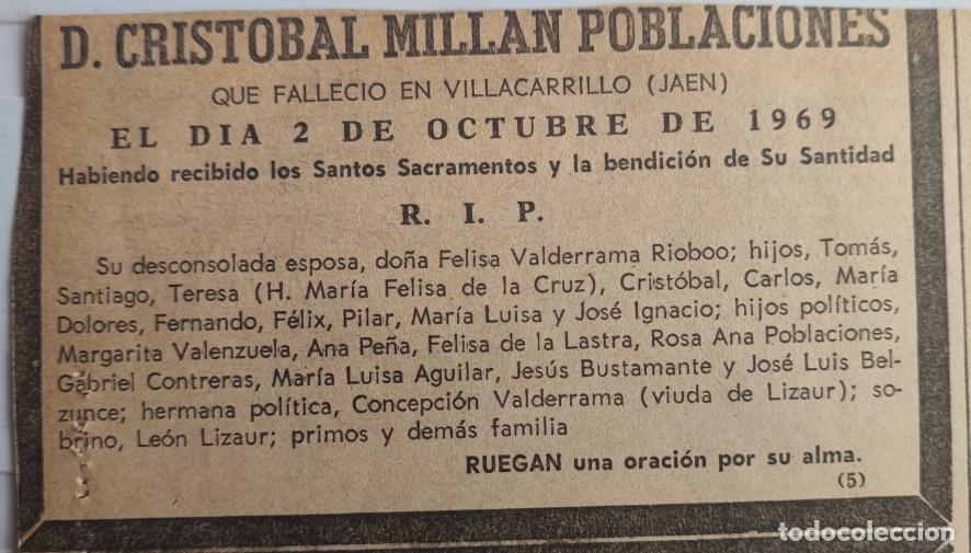 Otros art&iacute;culos de coleccionismo en papel: CRISTOBAL MILLAN POBLACIONES, VILLACARRILLO 1969, ESQUELA DE PERIODICO