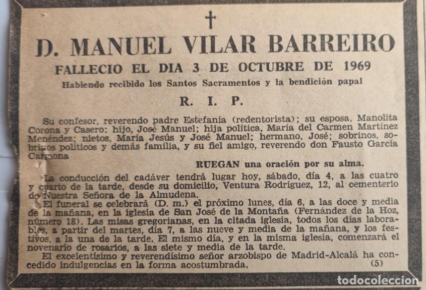 Otros art&iacute;culos de coleccionismo en papel: MANUEL VILAR BARREIRO, 1969, ESQUELA DE PERIODICO