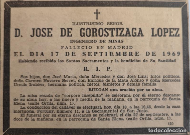Otros art&iacute;culos de coleccionismo en papel: ILUSTRISIMO, JOSE DE GOROSTIZAGA LOPEZ, INGENIERO DE MINAS, MADRID 1969, ESQUELA DE PERIODICO