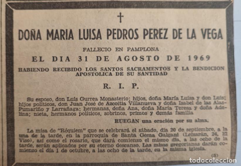 Otros art&iacute;culos de coleccionismo en papel: MARIA LUISA PEDROS PEREZ DE LA VEGA, PAMPLONA 1969, ESQUELA DE PERIODICO
