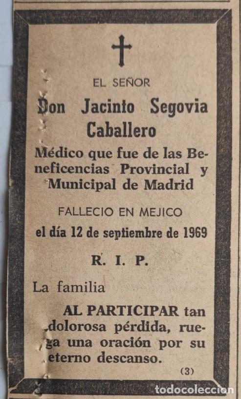 Otros art&iacute;culos de coleccionismo en papel: JACINTO SEGOVIA CABALLERO, M&Eacute;DICO DE LAS BENEFICENCIAS, MEJICO 1969, ESQUELA DE PERIODICO