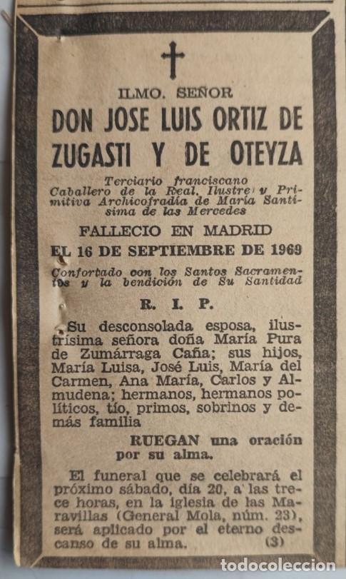 Otros art&iacute;culos de coleccionismo en papel: JOSE LUIS ORTIZ DE ZUGASTI Y DE OTEYZA, CABALLERO TERCIARIO FRANCISCANO, MADRID 1969 ESQUELA DE PERI
