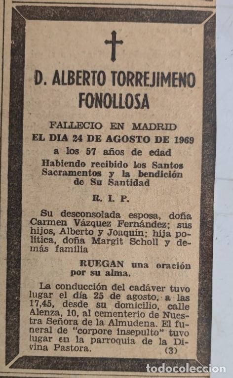 Otros art&iacute;culos de coleccionismo en papel: ALBERTO TORREJIMENO FONOLLOSA, MADRID 1969, ESQUELA DE PERIODICO