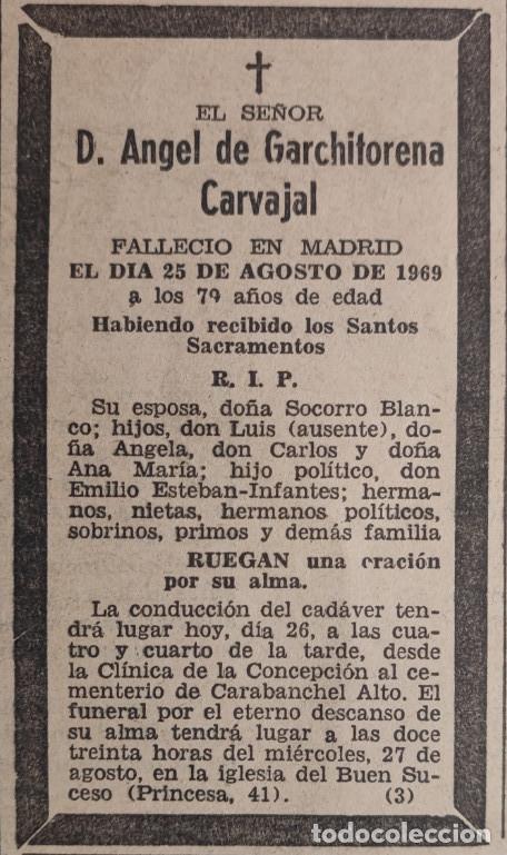Otros art&iacute;culos de coleccionismo en papel: ANGEL DE GARCHITORENA CARVAJAL, MADRID 1969, ESQUELA DE PERIODICO