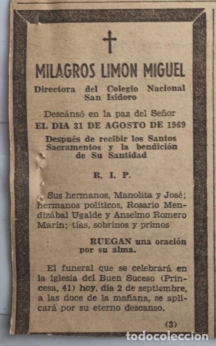 Otros art&iacute;culos de coleccionismo en papel: MILAGROS LIMON MIGUEL, DIRECTORA DEL COLEGIO NACIONAL SAN ISIDORO, 1969, ESQUELA DE PERIODICO