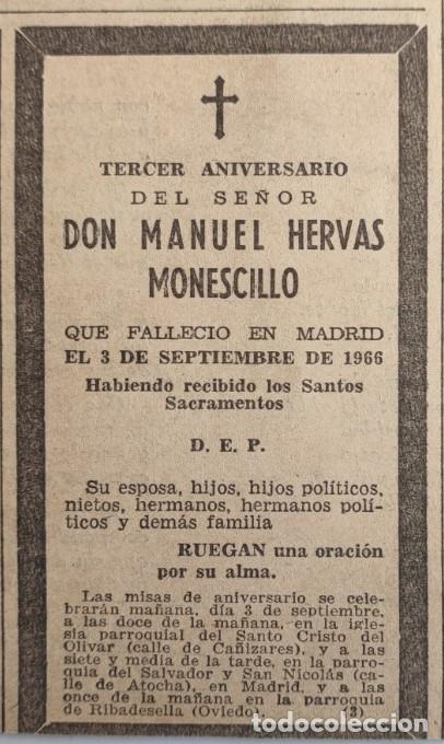 Otros art&iacute;culos de coleccionismo en papel: MANUEL HERVAS MONESCILLO, MADRID 1966, ESQUELA DE PERIODICO