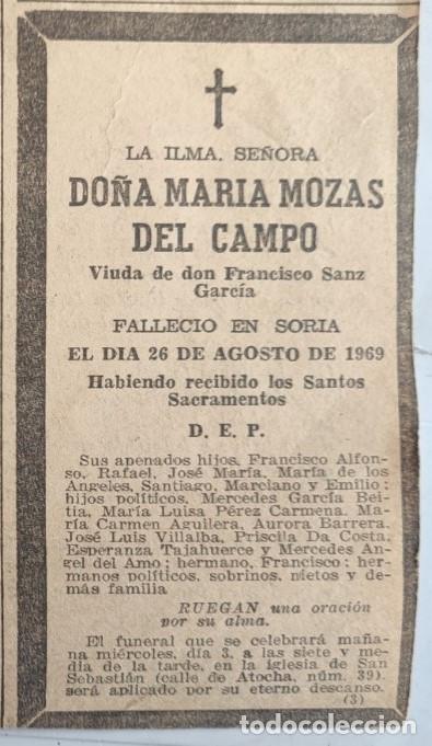 Otros art&iacute;culos de coleccionismo en papel: ILMA. MARIA MOZAS DEL CAMPO, SORIA 1969, ESQUELA DE PERIODICO