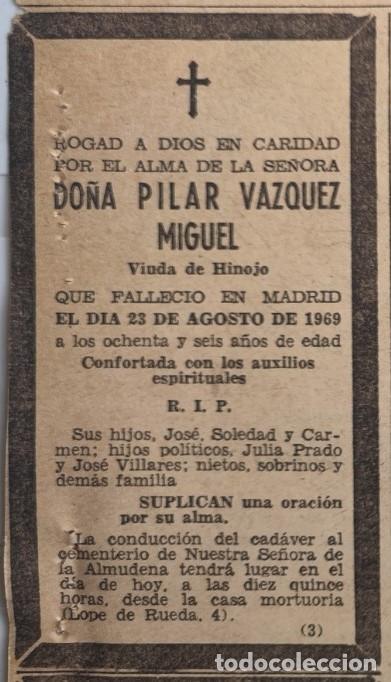 Otros art&iacute;culos de coleccionismo en papel: DO&Ntilde;A PILAR VAZQUEZ MIGUEL VIUDA DE HINOJO, MADRID 1969, ESQUELA DE PERIODICO