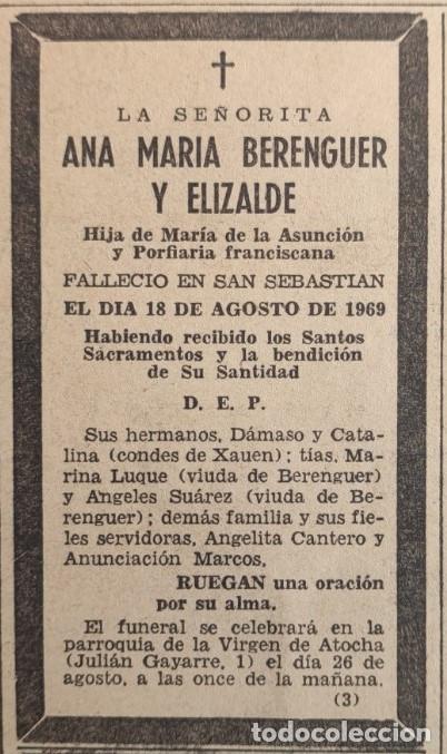 Otros art&iacute;culos de coleccionismo en papel: ANA MARIA BERENGUER Y ELIZALDE, SAN SEBASTIAN 1969, ESQUELA DE PERIODICO