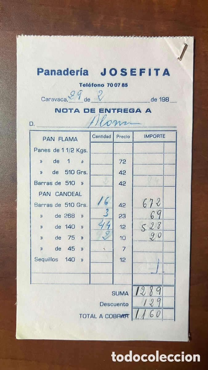 Sammelleidenschaft Andere Papierartikel: ANTIGUA NOTA DE ENTREGA ALBARAN PANADERIA JOSEFITA CARAVACA DE LA CRUZ MURCIA A&Ntilde;OS 80
