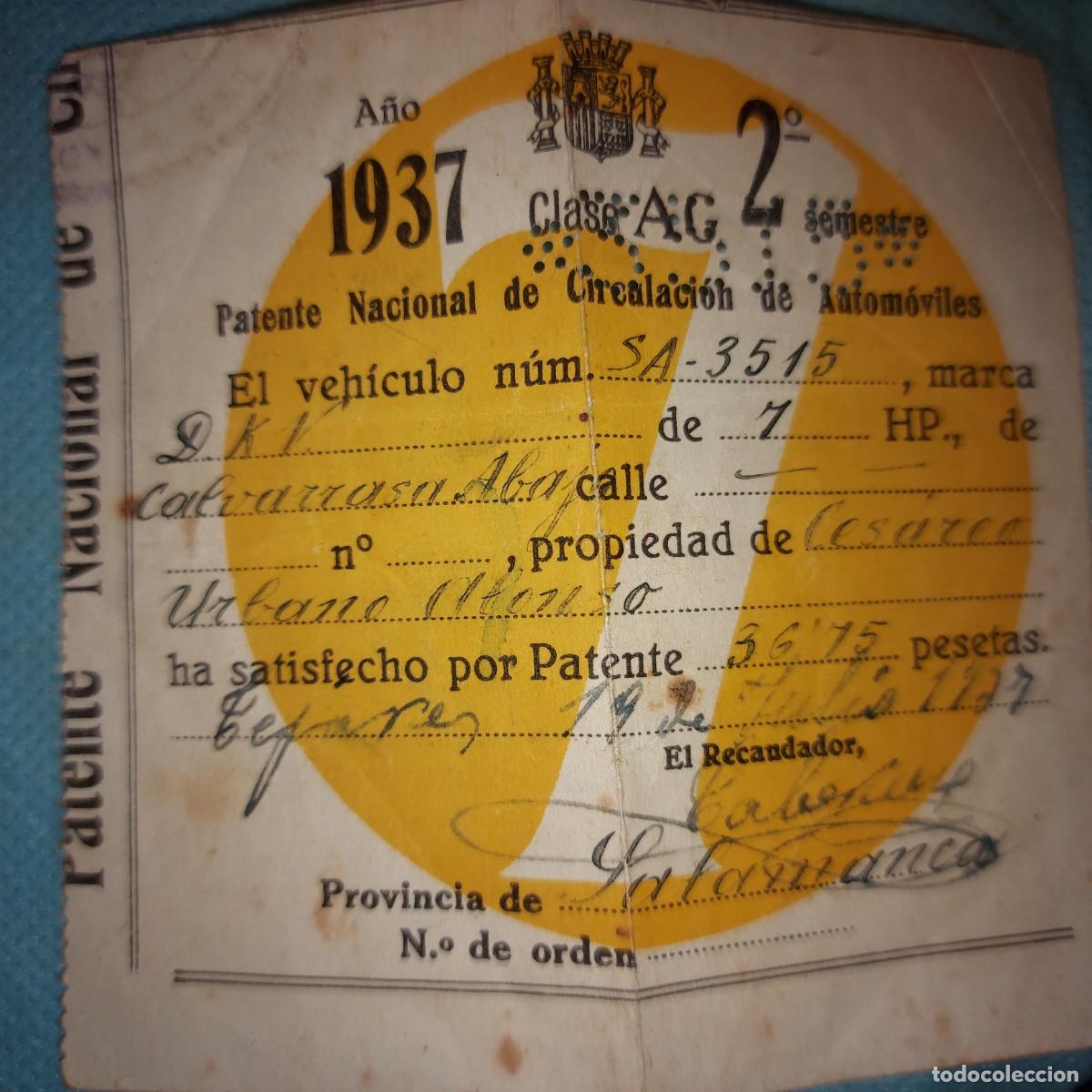 Otros art&iacute;culos de coleccionismo en papel: PATENTE NACIONAL DE CIRCULACION DE AUTOMOVILES. A&Ntilde;O 1937 , SALAMANCA