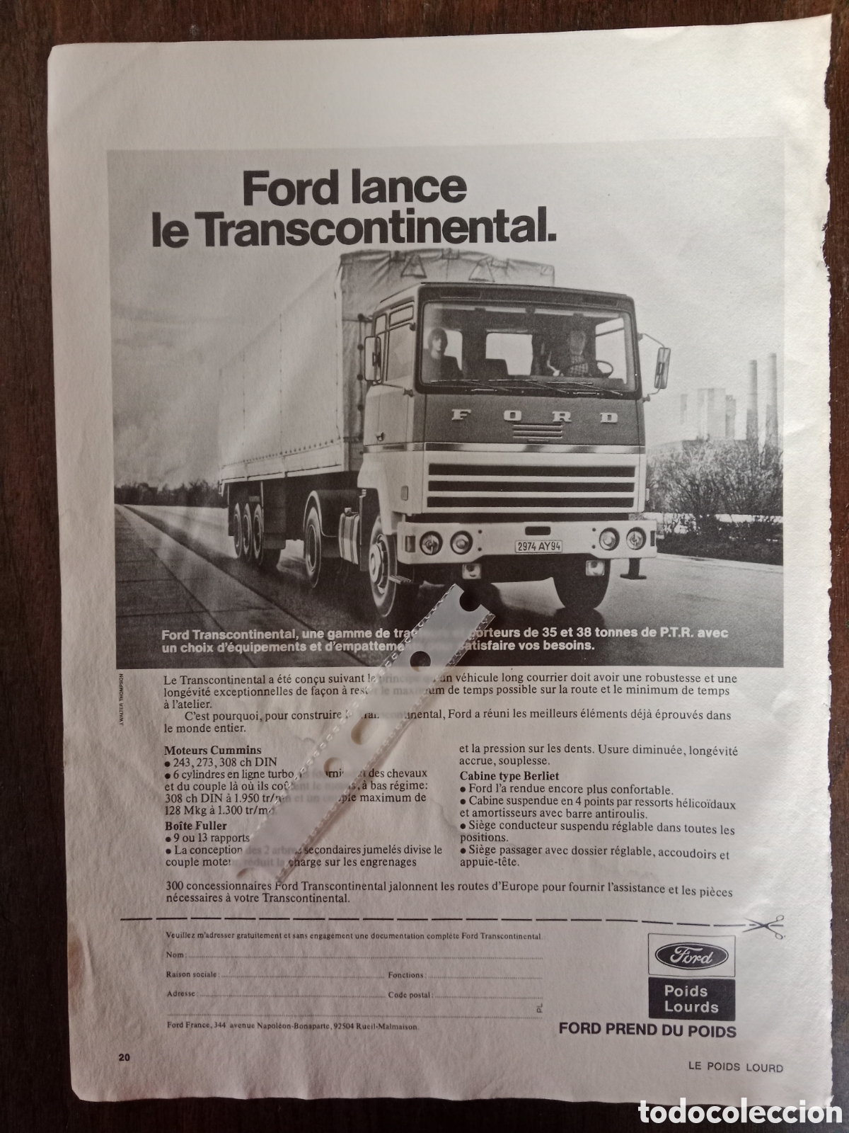 Otros art&iacute;culos de coleccionismo en papel: Publicidad cami&oacute;n Ford transcontinental de 1975