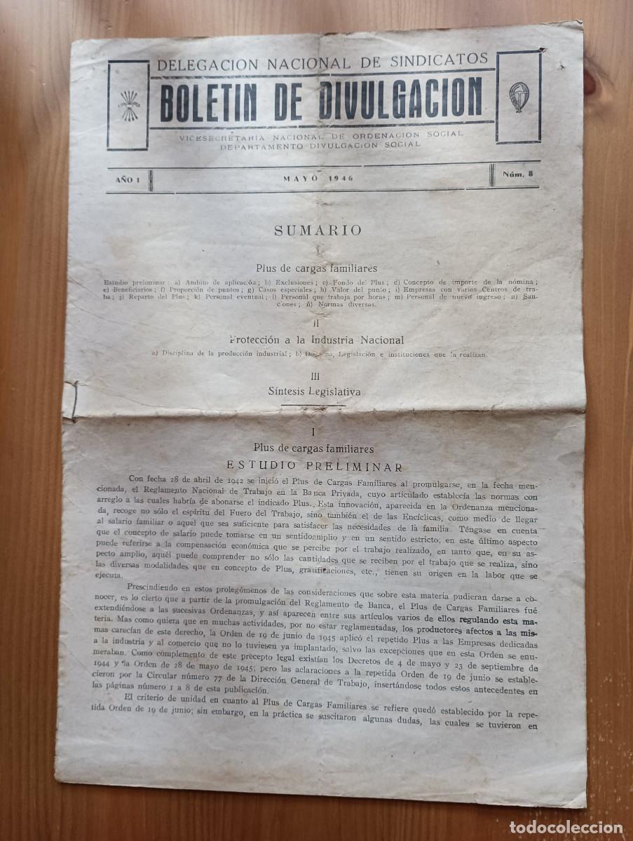 Otros art&iacute;culos de coleccionismo en papel: DELEGACION NACIONAL DE SINDICATOS BOLETIN DE DIVULGACION N&ordm; 8 MAYO 1946