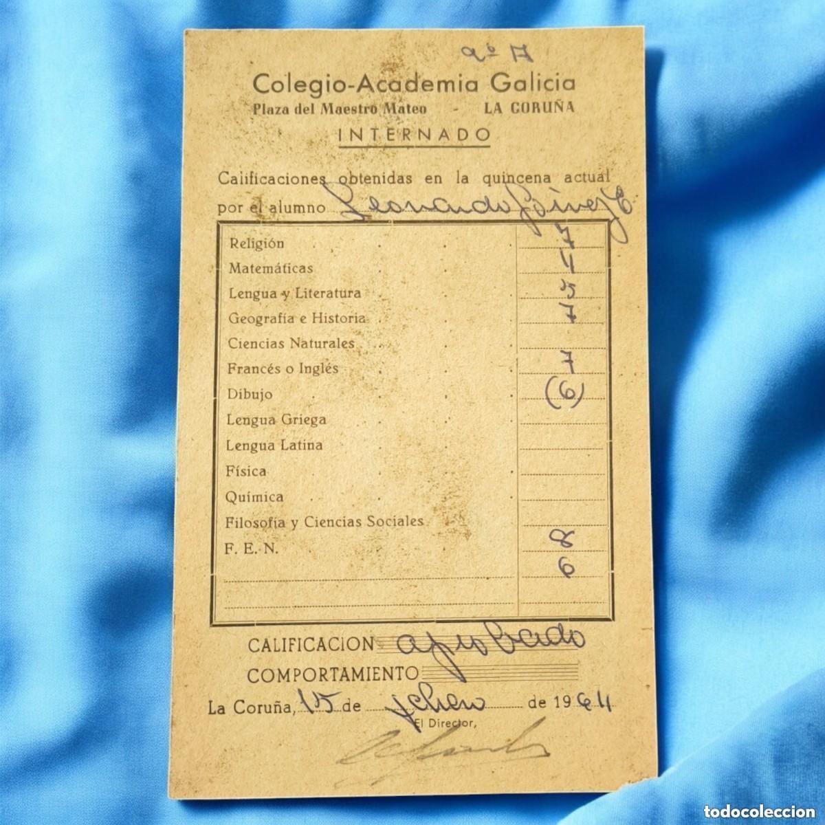 Outros artigos de papel: Bolet&iacute;n de Calificaciones Quincenal 1964 &ndash; Internado Colegio Academia Galicia &ndash; Documento Escolar