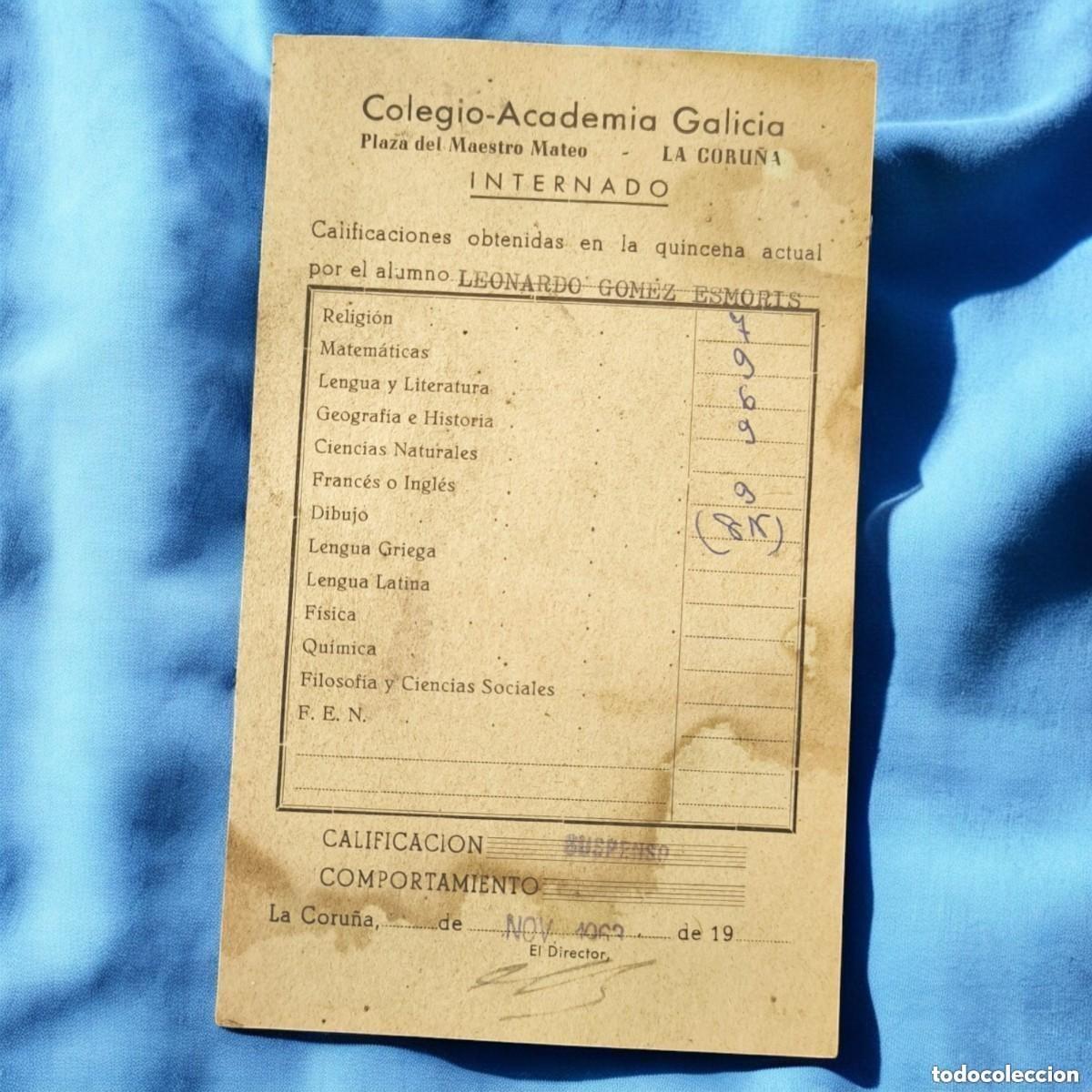 Outros artigos de papel: Bolet&iacute;n de Calificaciones Quincenal 1963 &ndash; Internado Colegio Academia Galicia &ndash; Documento Escolar
