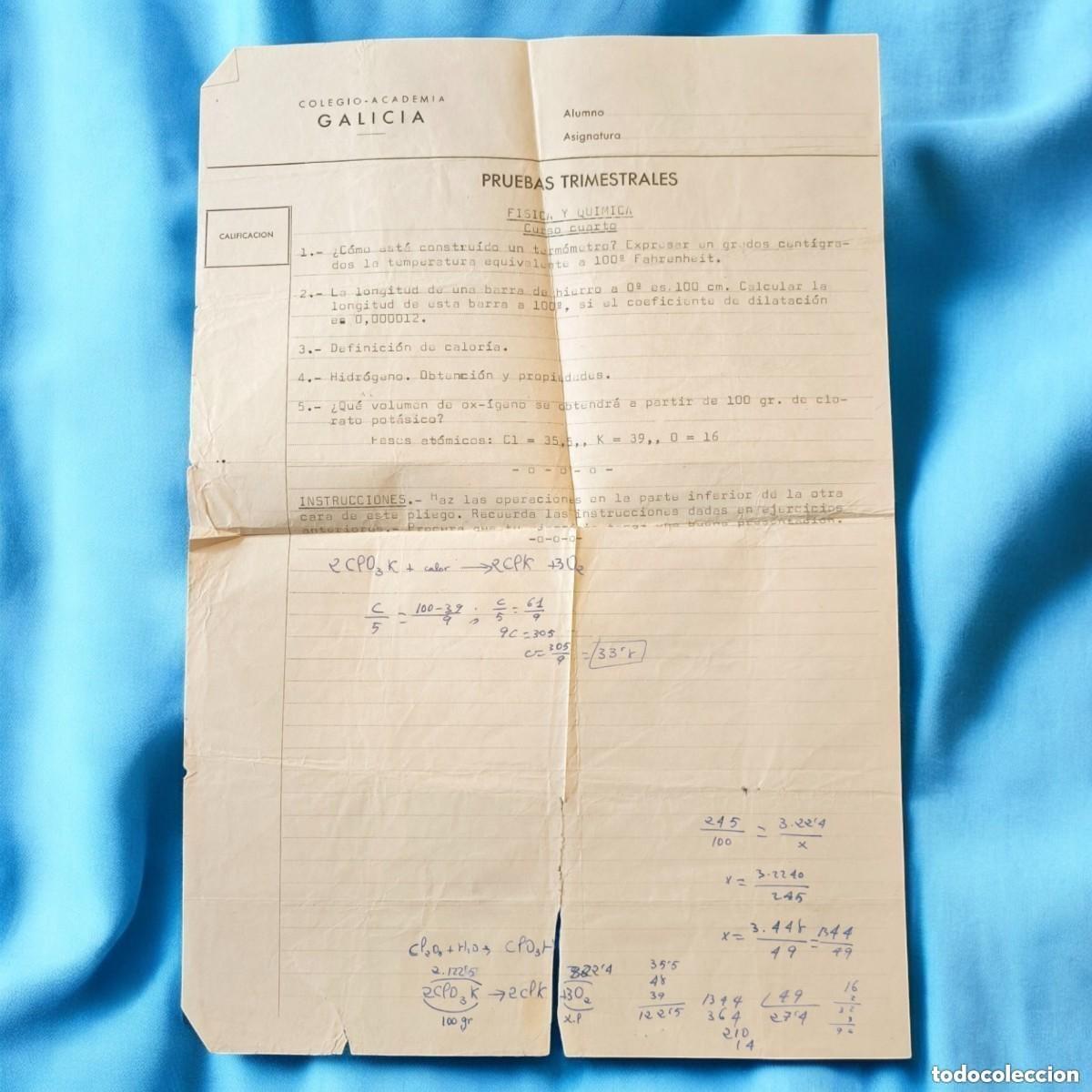 Outros artigos de papel: Examen Trimestral Original F&iacute;sica y Qu&iacute;mica &ndash; Colegio Academia Galicia &ndash; A&ntilde;os 60