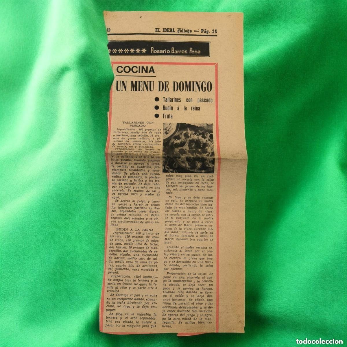 Outros artigos de papel: Antigua Receta De Cocina En Recorte De Peri&oacute;dico &ndash; Principios S. XX &ndash; Men&uacute; De Domingo