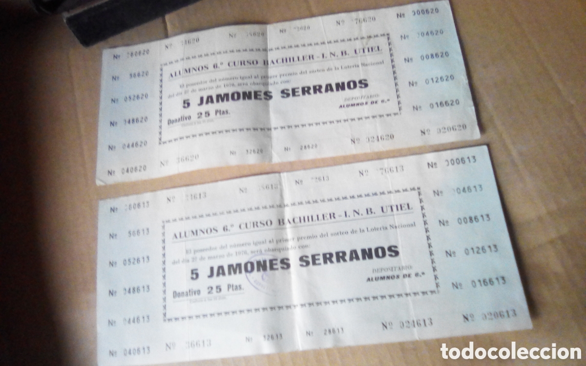 Otros art&iacute;culos de coleccionismo en papel: 2 Boletos, participaciones sorteo de 5 jamones serranos. Alumnos 6&deg; curso de bachiller. Utiel 1976