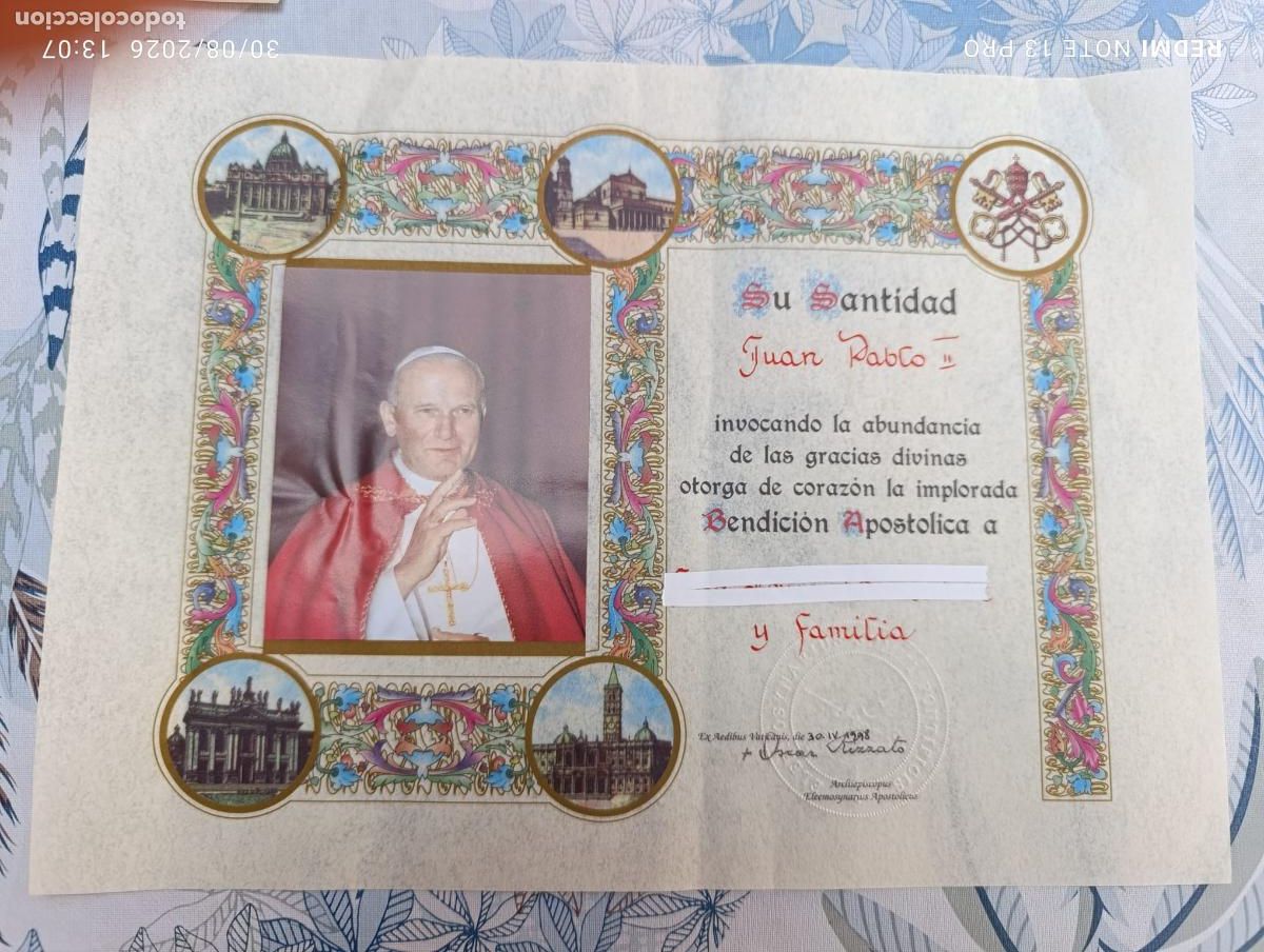 Otros art&iacute;culos de coleccionismo en papel: Bendici&oacute;n apost&oacute;lica del Papa Juan Pablo II. 1988