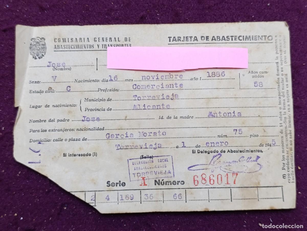 Outros artigos de papel: Antigua Tarjeta de Abastecimiento, Torrevieja, 1945