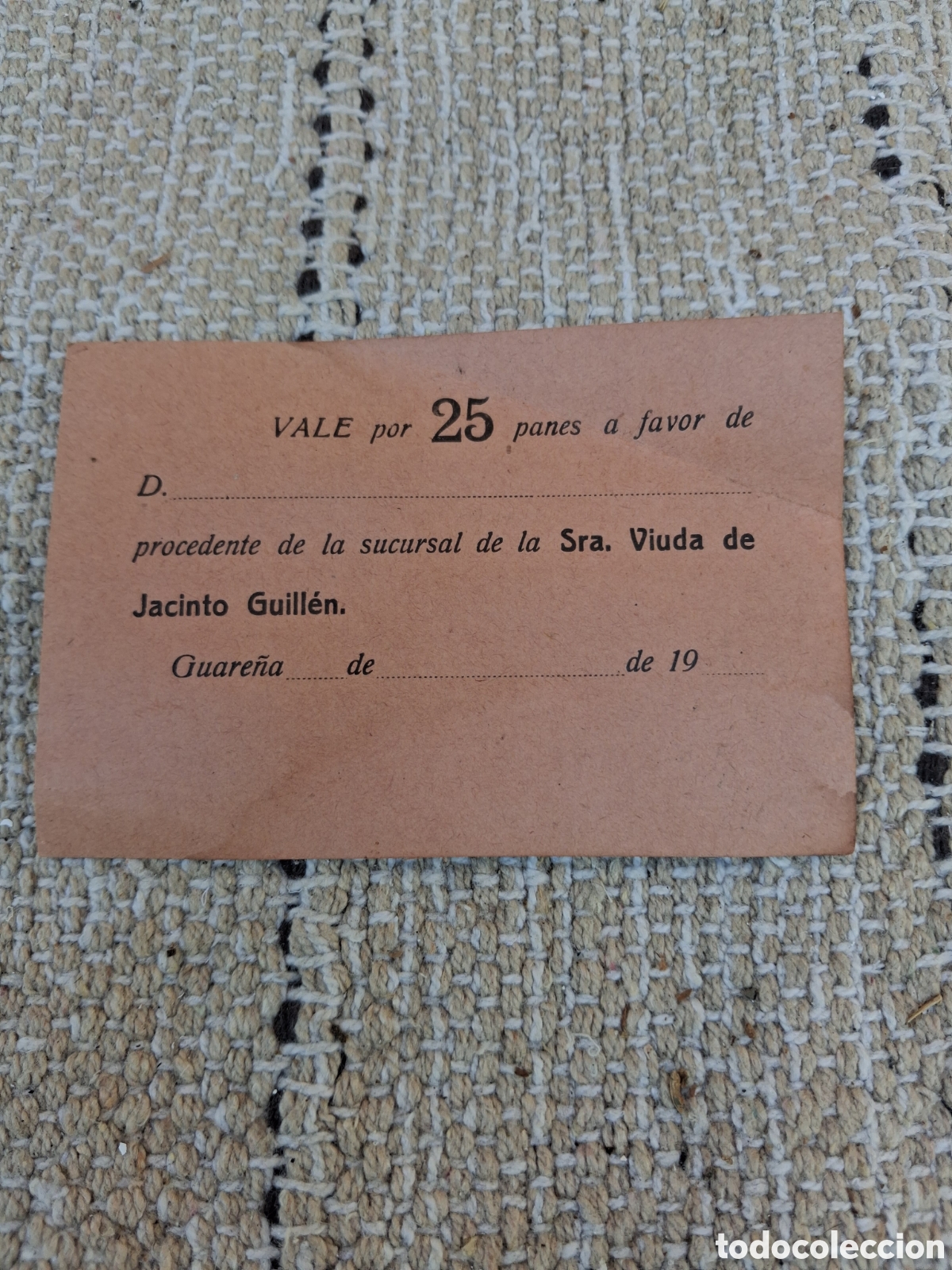 Otros art&iacute;culos de coleccionismo en papel: Vale por 25 panws a favor de Sra viuda de jacinto guillen