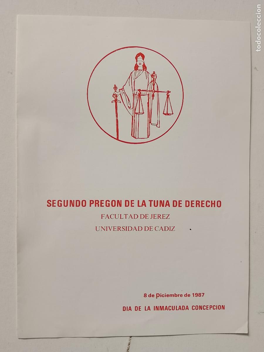 Otros art&iacute;culos de coleccionismo en papel: SEGUNDO PREGON DE LA TUNA DE DERECHO FACULTAD DE JEREZ UNIVERSIDAD CADIZ 1987 ESTUDIANTINA RONDA