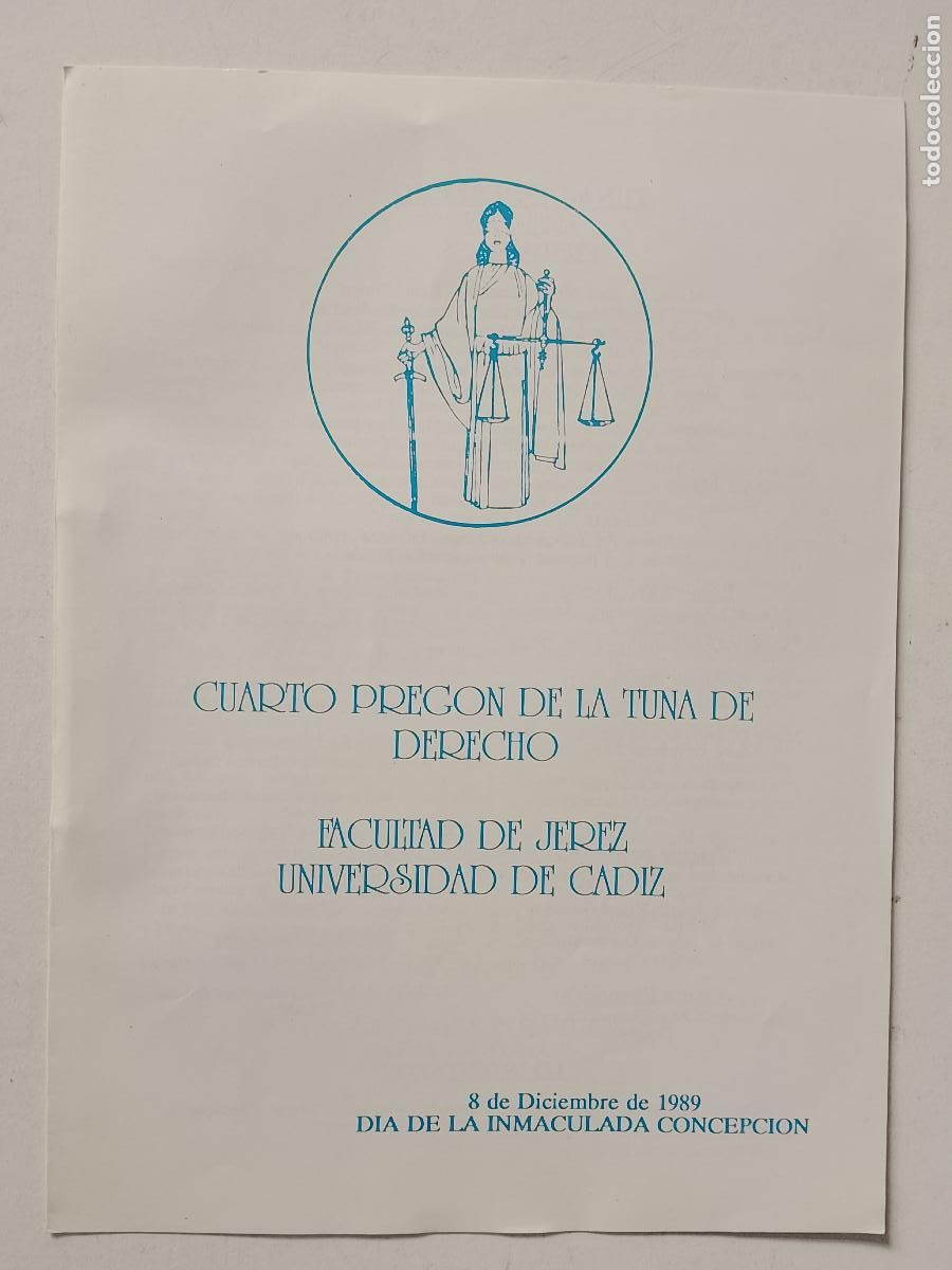 Otros art&iacute;culos de coleccionismo en papel: CUARTO PREGON DE LA TUNA DE DERECHO FACULTAD DE JEREZ UNIVERSIDAD CADIZ 1989 ESTUDIANTINA RONDA