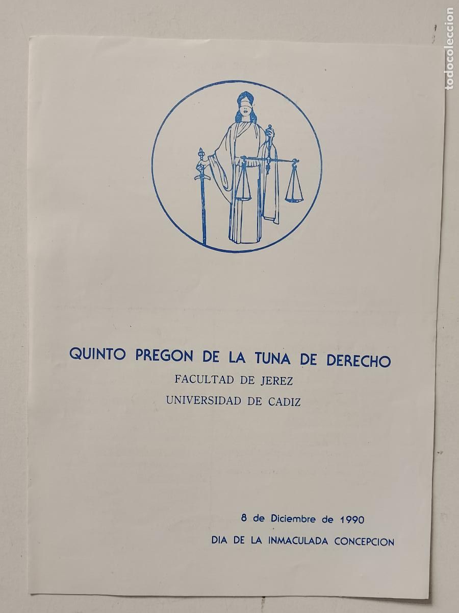Otros art&iacute;culos de coleccionismo en papel: QUINTO PREGON DE LA TUNA DE DERECHO FACULTAD DE JEREZ UNIVERSIDAD CADIZ 1990 ESTUDIANTINA RONDA