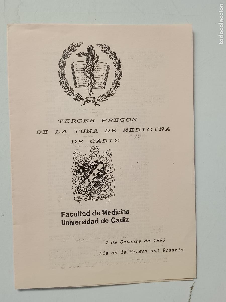 Otros art&iacute;culos de coleccionismo en papel: TERCER PREGON DE LA TUNA DE MEDICINA FACULTAD DE CADIZ UNIVERSIDAD CADIZ 1990 ESTUDIANTINA RONDA