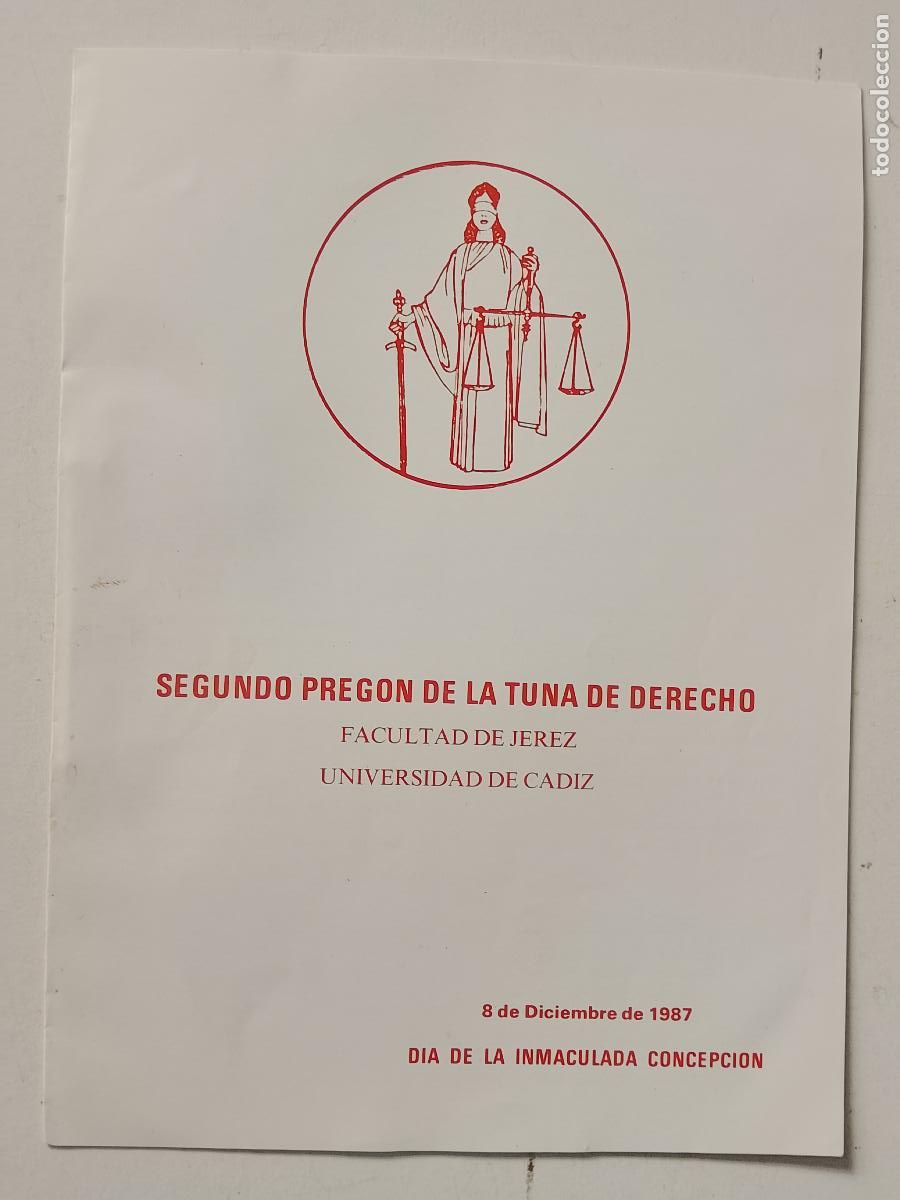 Otros art&iacute;culos de coleccionismo en papel: SEGUNDO PREGON DE LA TUNA DE DERECHO FACULTAD DE JEREZ UNIVERSIDAD CADIZ 1987 ESTUDIANTINA RONDA