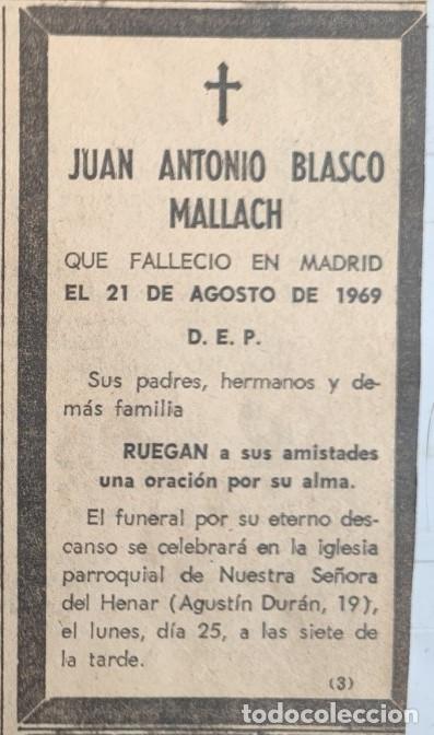 Otros art&iacute;culos de coleccionismo en papel: JUAN ANTONIO BLASCO MALLACH, MADRID 1969, ESQUELA DE PERIODICO