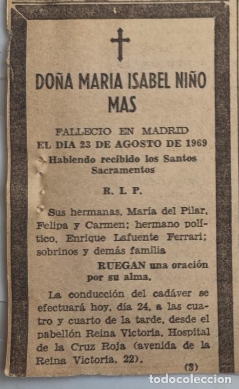 Otros art&iacute;culos de coleccionismo en papel: MARIA ISABEL NI&Ntilde;O MAS, MADRID 1969, ESQUELA DE PERIODICO