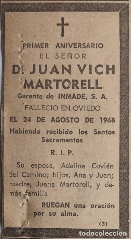 Otros art&iacute;culos de coleccionismo en papel: JUAN VICH MARTORELL, GERENTE DE INMADE S. A., OVIEDO 1968, ESQUELA DE PERIODICO