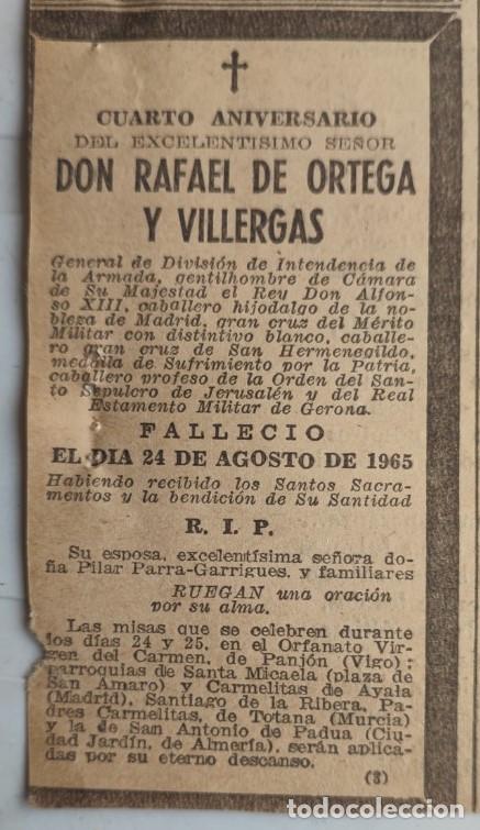 Otros art&iacute;culos de coleccionismo en papel: EXCELENTISIMO, RAFAEL DE ORTEGA Y VILLERGAS, GENERAL DE DIVISI&Oacute;N, 1965, ESQUELA DE PERIODICO