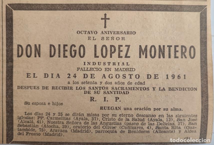 Otros art&iacute;culos de coleccionismo en papel: DIEGO LOPEZ MONTERO, INDUSTRIAL, MADRID 1961, ESQUELA DE PERIODICO