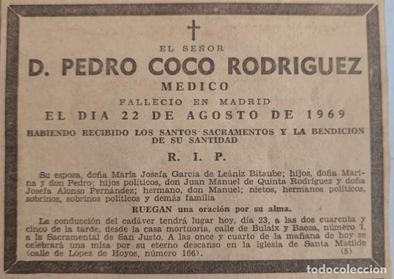 Otros art&iacute;culos de coleccionismo en papel: PEDRO COCO RODRIGUEZ, MEDICO, MADRID 1969, ESQUELA DE PERIODICO