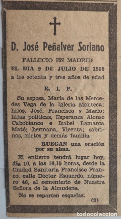 Otros art&iacute;culos de coleccionismo en papel: JOS&Eacute; PE&Ntilde;ALVER SORIANO, MADRID 1969, ESQUELA DE PERIODICO