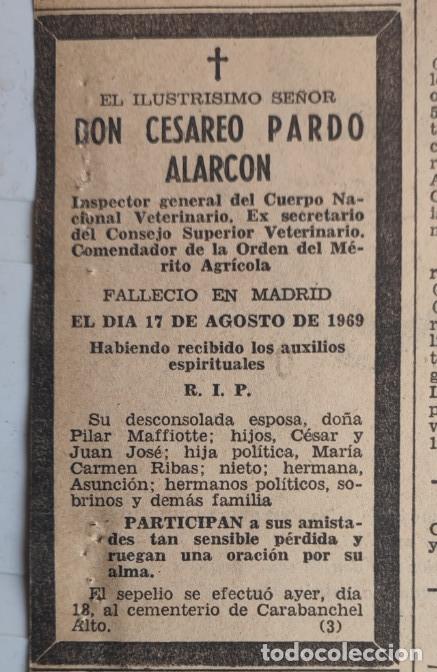 Otros art&iacute;culos de coleccionismo en papel: ILUSTRISIMO, CESAREO PARDO ALARCON, INSPECTOR GENERAL, MADRID 1969, ESQUELA DE PERIODICO