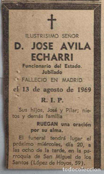 Otros art&iacute;culos de coleccionismo en papel: ILUSTRISIMO, JOSE AVILA ECHARRI, FUNCIONARIO DEL ESTADO, MADRID 1969, ESQUELA DE PERIODICO