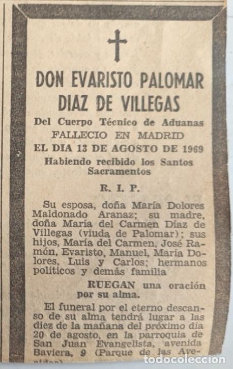 Otros art&iacute;culos de coleccionismo en papel: EVARISTO PALOMAR DIAZ DE VILLEGAS, DEL CUERPO T&Eacute;CNICO DE ADUANAS, MADRID 1969, ESQUELA DE PERIODICO