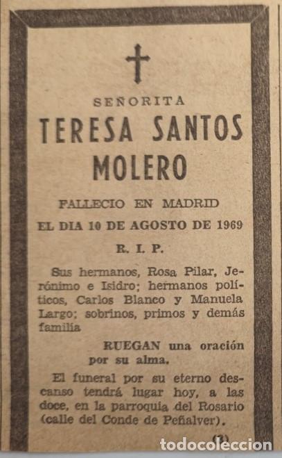 Otros art&iacute;culos de coleccionismo en papel: SE&Ntilde;ORITA, TERESA SANTOS MOLERO, MADRID 1969, ESQUELA DE PERIODICO