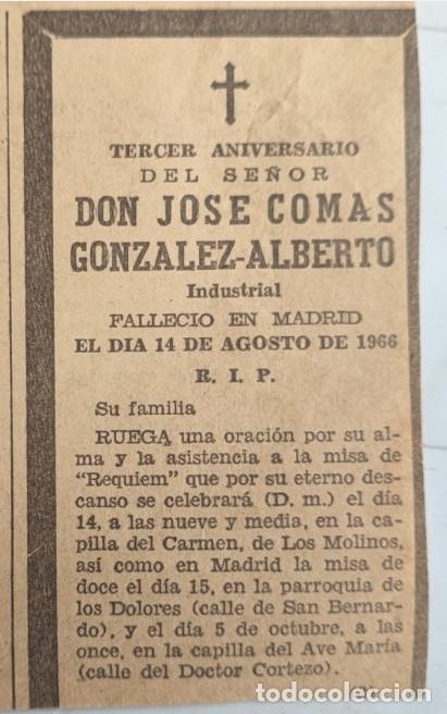 Otros art&iacute;culos de coleccionismo en papel: JOSE COMAS GONZALEZ-ALBERTO, INDUSTRIAL, MADRID 1966, ESQUELA DE PERIODICO